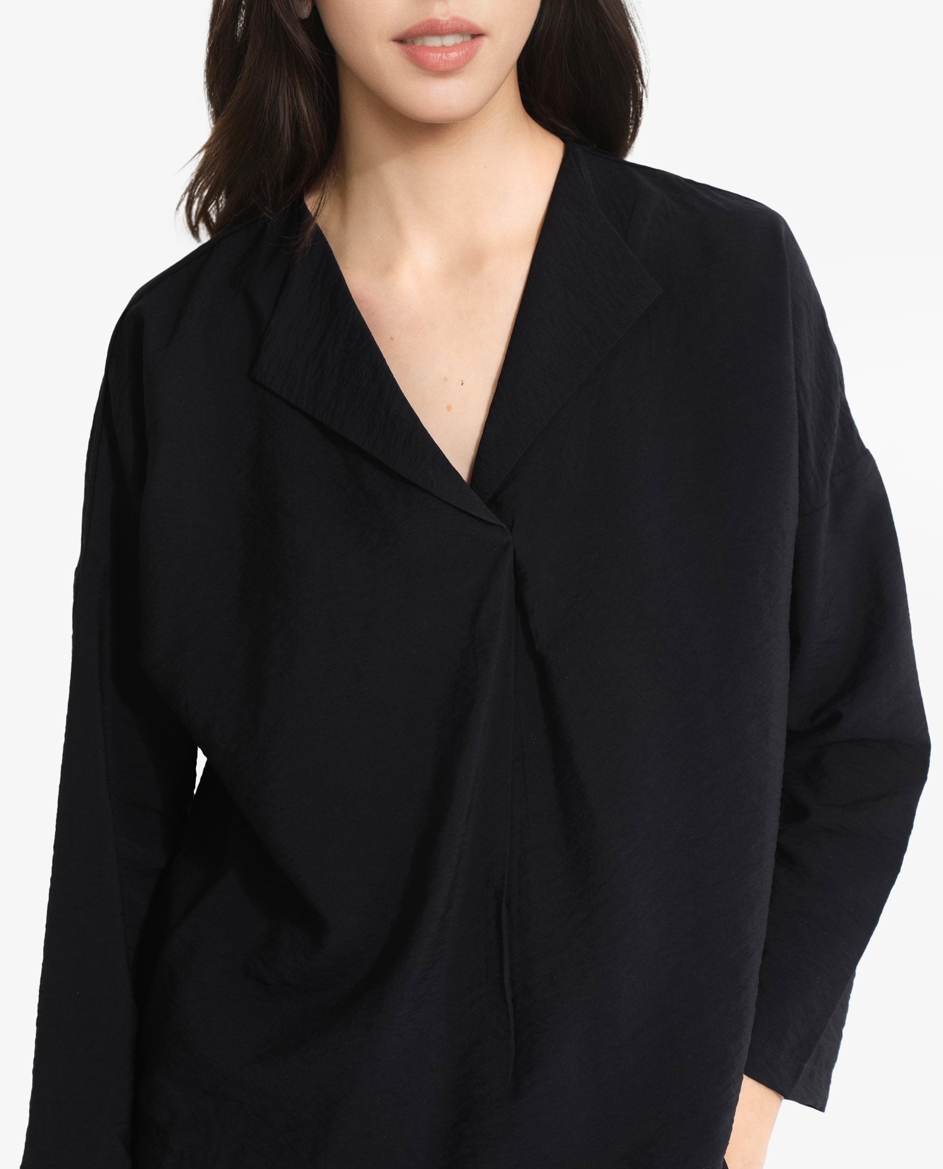 Rareism Women Drap Black Full Sleeve Lapel Collar Relaxed Fit Plain Top