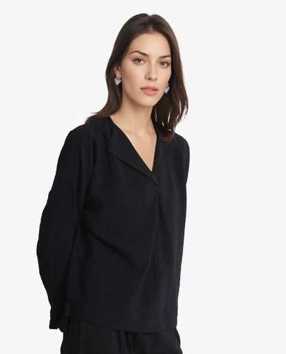 Rareism Women Drap Black Full Sleeve Lapel Collar Relaxed Fit Plain Top