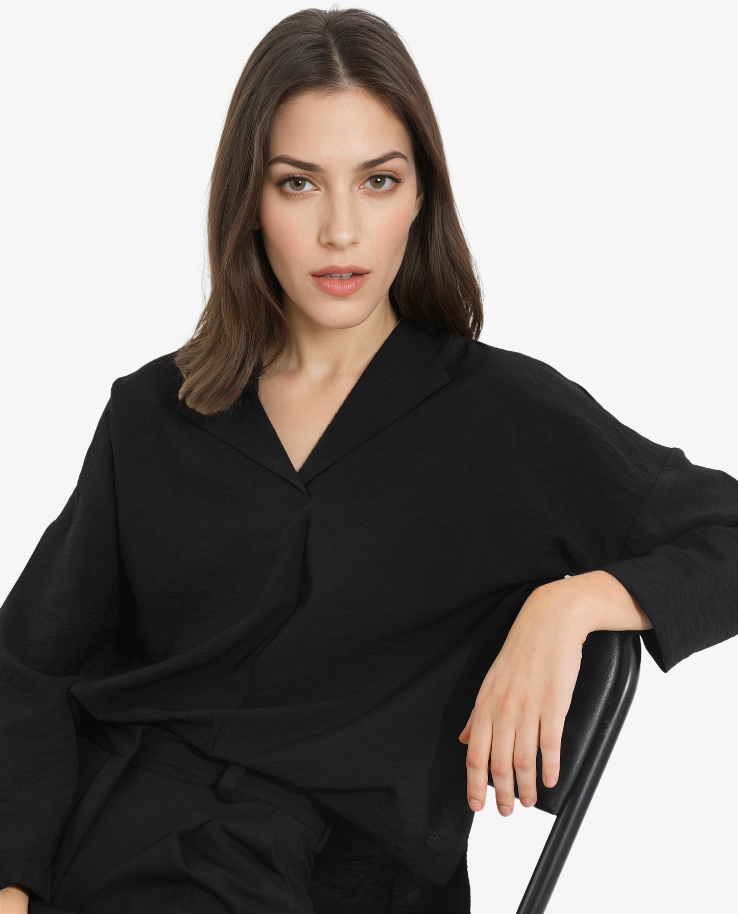 Rareism Women Drap Black Full Sleeve Lapel Collar Relaxed Fit Plain Top