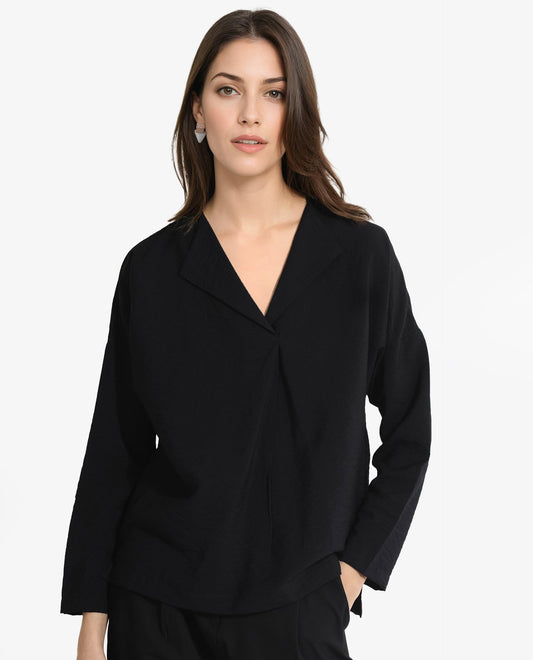 Rareism Women Drap Black Full Sleeve Lapel Collar Relaxed Fit Plain Top