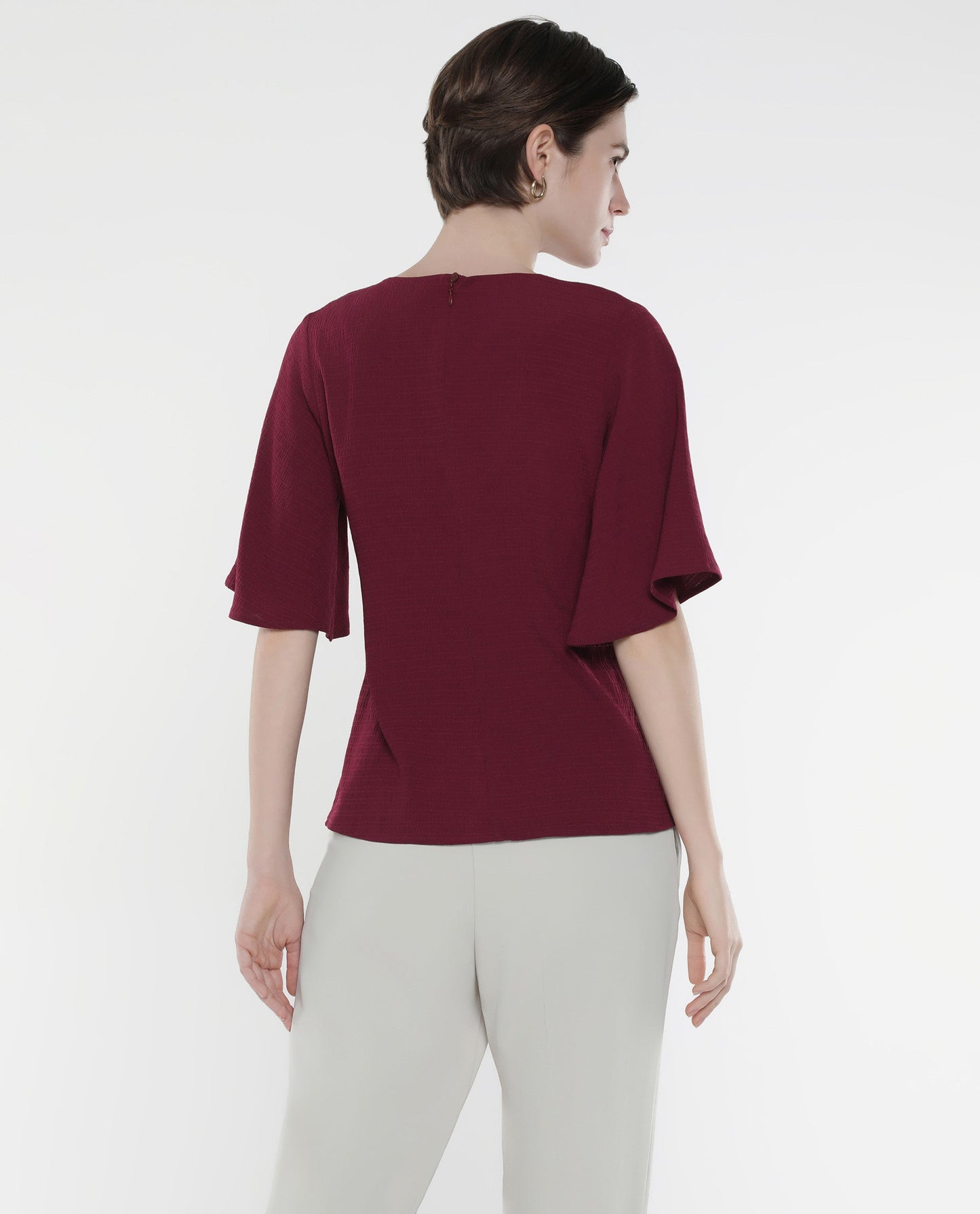 Rareism Women Drib Dark Red Bell Sleeves Round Neck Zipper Closure Plain Top