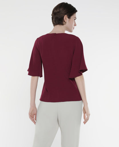 Rareism Women Drib Dark Red Bell Sleeves Round Neck Zipper Closure Plain Top