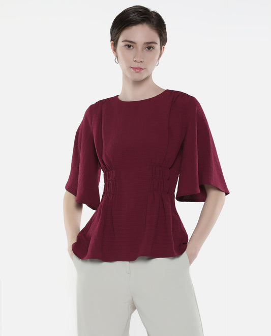 Rareism Women Drib Dark Red Bell Sleeves Round Neck Zipper Closure Plain Top