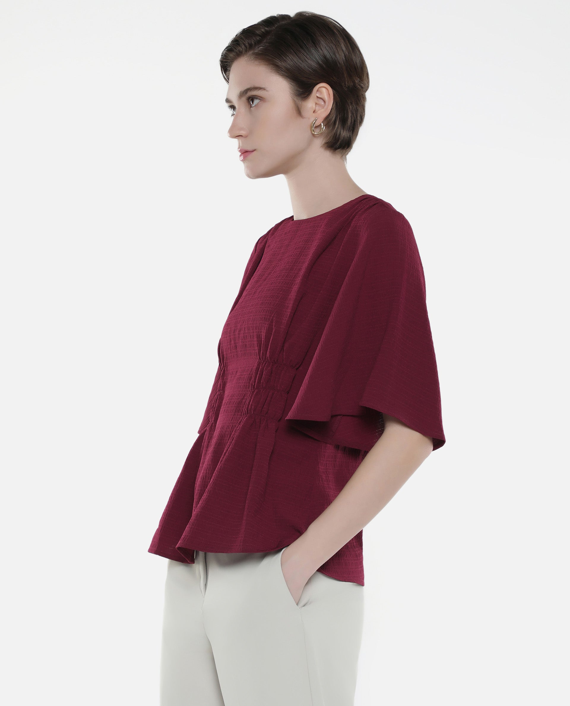 Rareism Women Drib Dark Red Bell Sleeves Round Neck Zipper Closure Plain Top