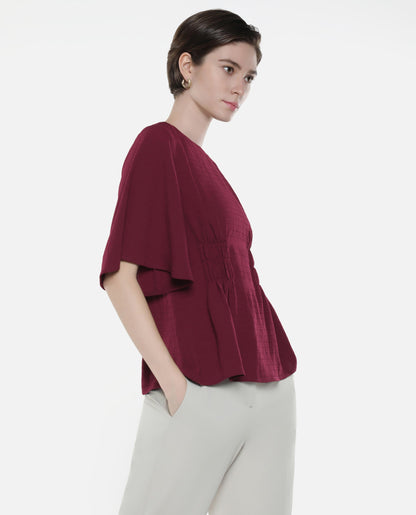 Rareism Women Drib Dark Red Bell Sleeves Round Neck Zipper Closure Plain Top