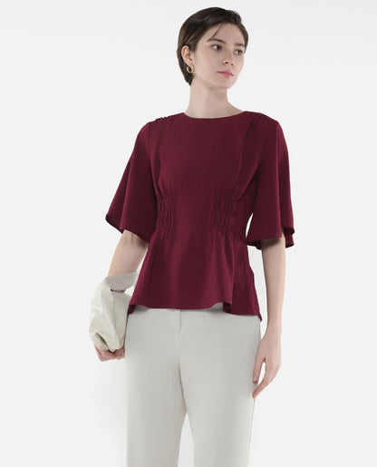 Rareism Women Drib Dark Red Bell Sleeves Round Neck Zipper Closure Plain Top