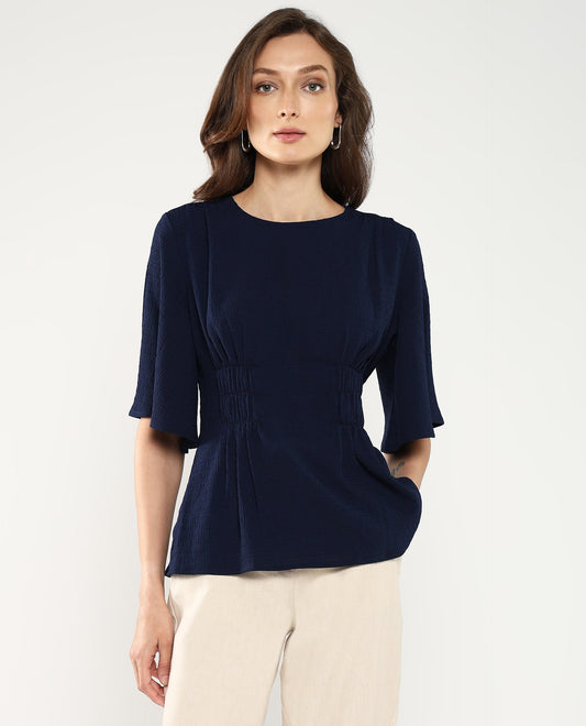 Rareism Women Dring Navy Bell Sleeves Round Neck Zipper Closure Plain Top