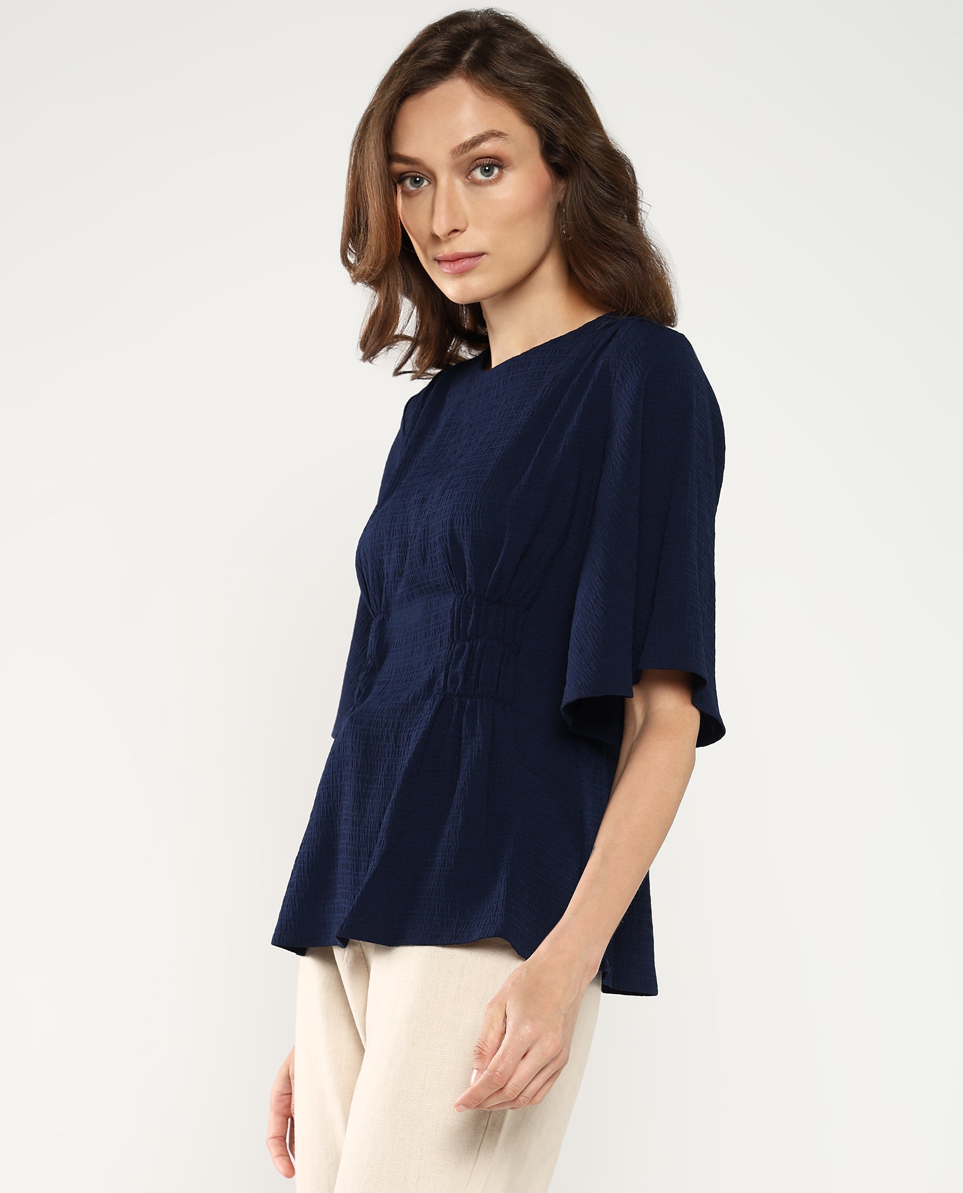 Rareism Women Dring Navy Bell Sleeves Round Neck Zipper Closure Plain Top