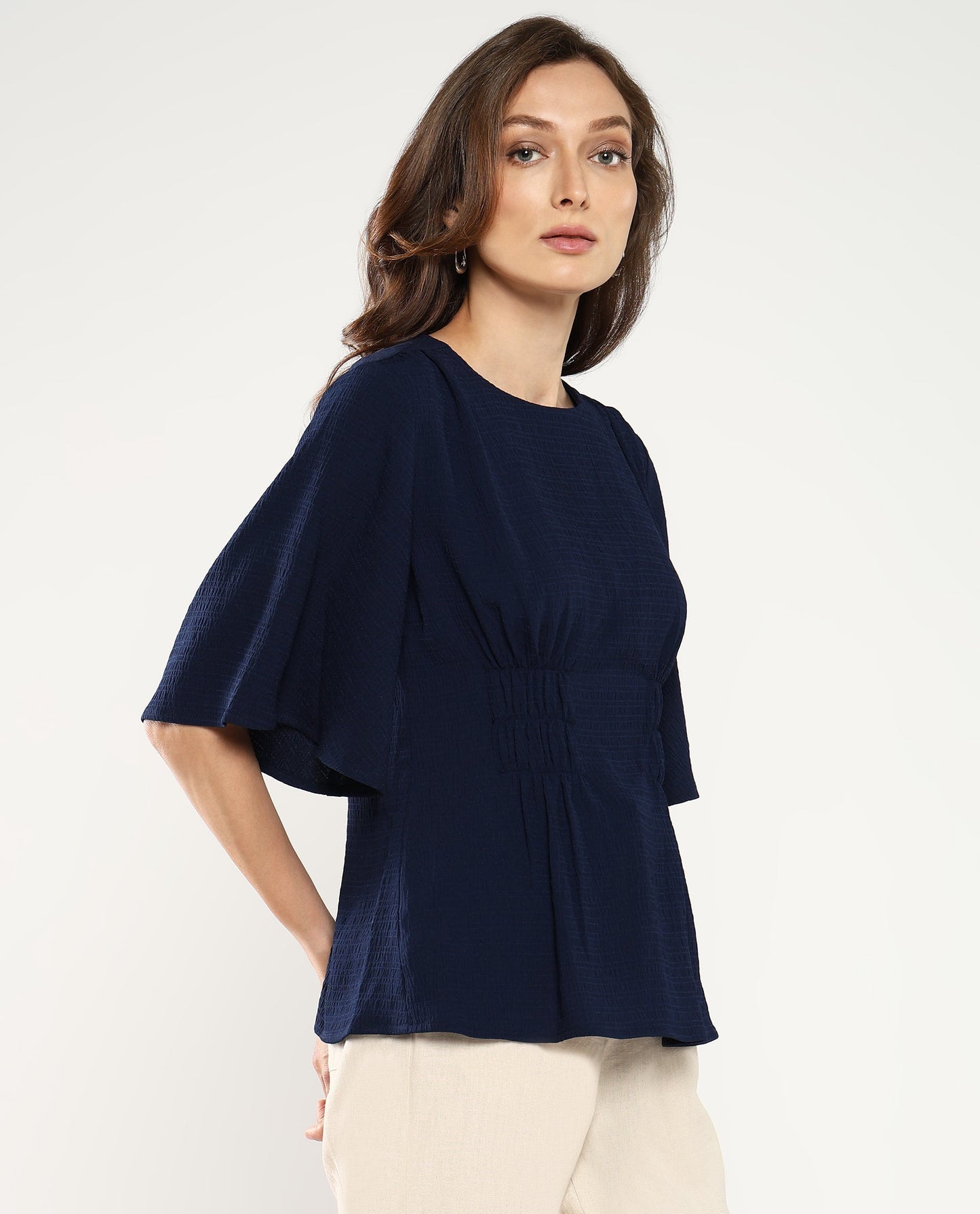 Rareism Women Dring Navy Bell Sleeves Round Neck Zipper Closure Plain Top