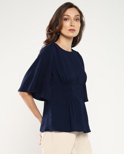 Rareism Women Dring Navy Bell Sleeves Round Neck Zipper Closure Plain Top