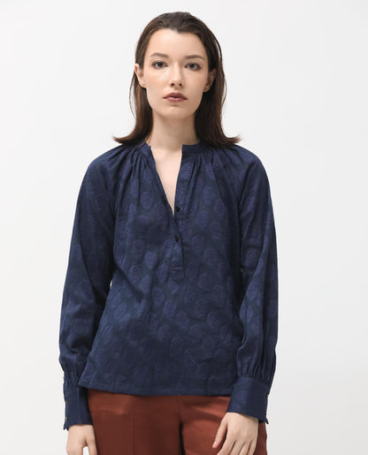 Rareism Women Droff Dark Blue Polyester Fabric Full Sleeves Button Closure Mandarin Collar Cuffed Sleeve Regular Fit Floral Print Blouse Top