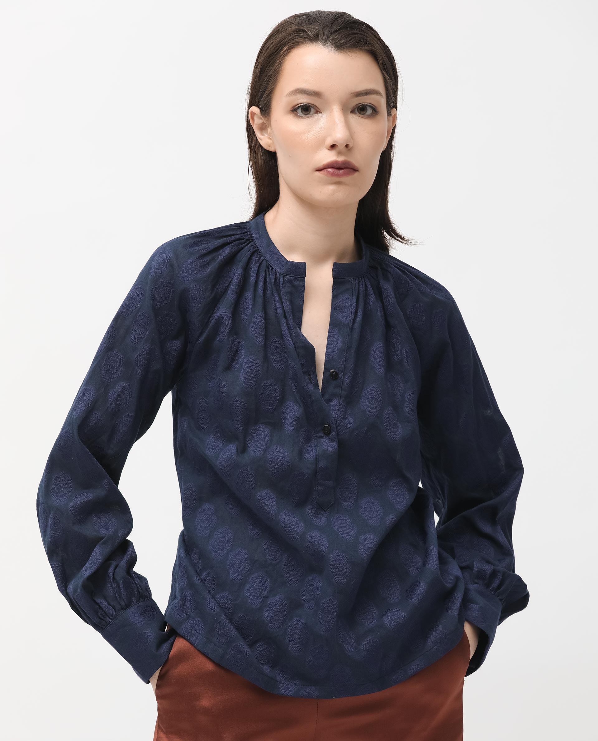 Rareism Women Droff Dark Blue Polyester Fabric Full Sleeves Button Closure Mandarin Collar Cuffed Sleeve Regular Fit Floral Print Blouse Top