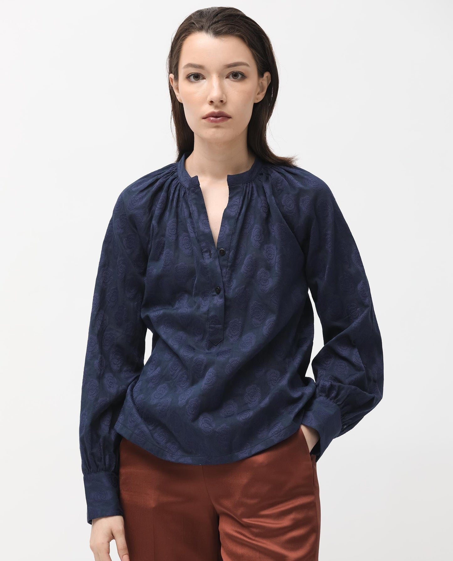 Rareism Women Droff Dark Blue Polyester Fabric Full Sleeves Button Closure Mandarin Collar Cuffed Sleeve Regular Fit Floral Print Blouse Top