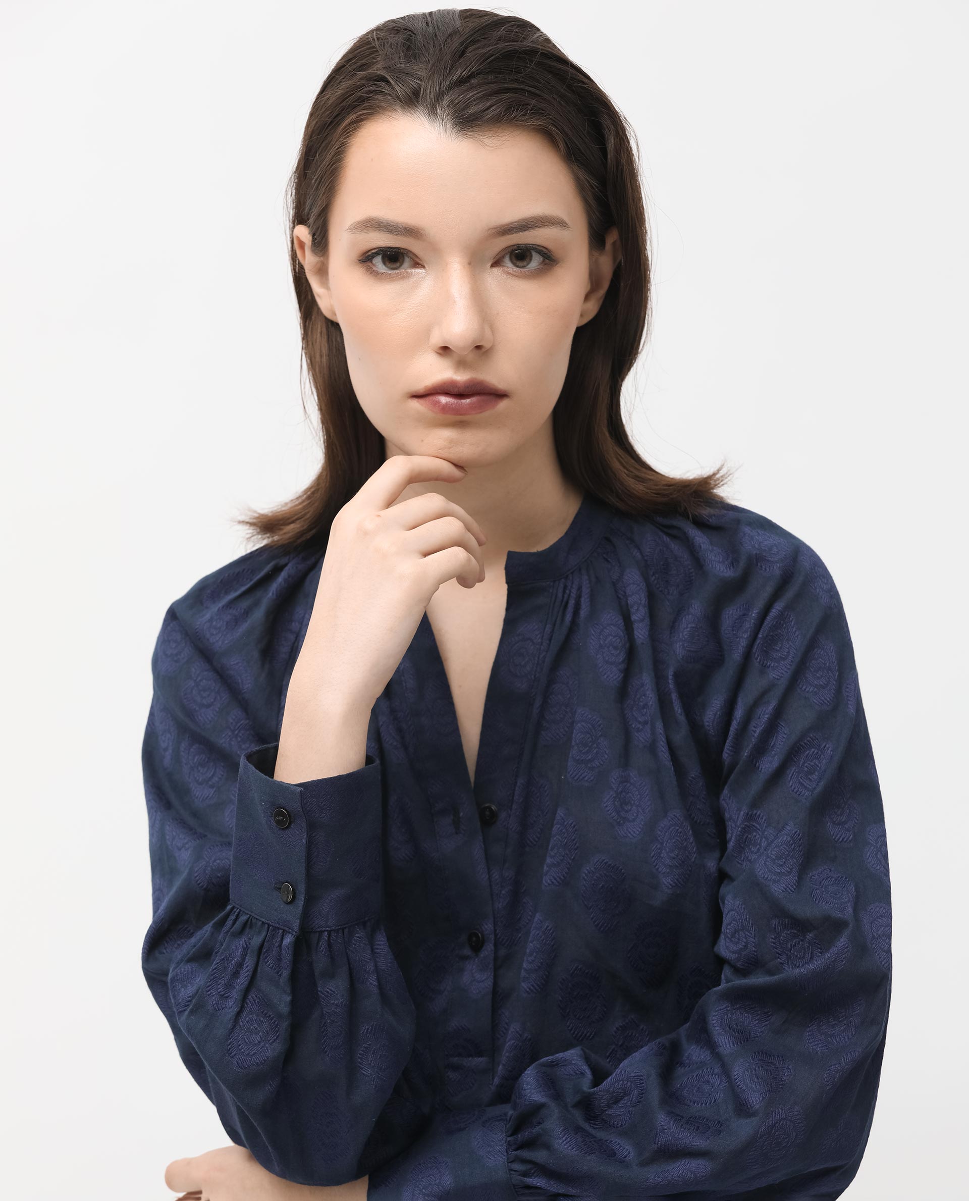 Rareism Women Droff Dark Blue Polyester Fabric Full Sleeves Button Closure Mandarin Collar Cuffed Sleeve Regular Fit Floral Print Blouse Top