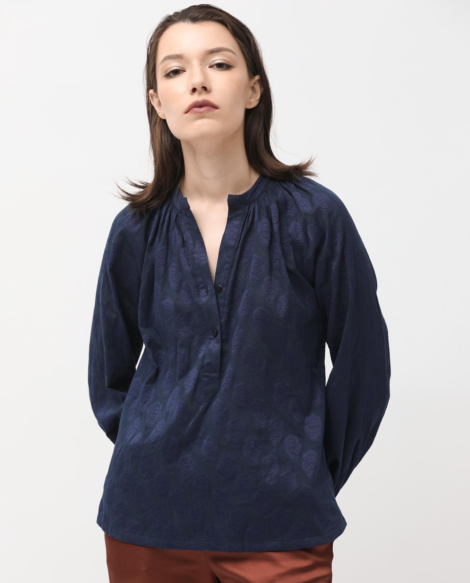 Rareism Women Droff Dark Blue Polyester Fabric Full Sleeves Button Closure Mandarin Collar Cuffed Sleeve Regular Fit Floral Print Blouse Top