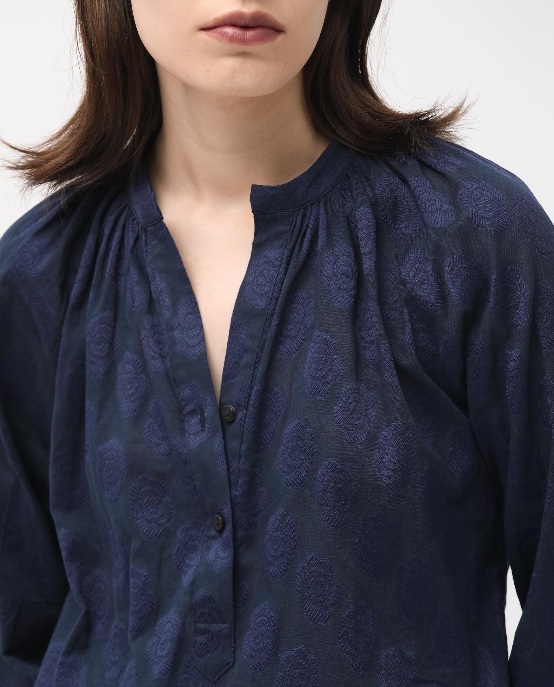 Rareism Women Droff Dark Blue Polyester Fabric Full Sleeves Button Closure Mandarin Collar Cuffed Sleeve Regular Fit Floral Print Blouse Top