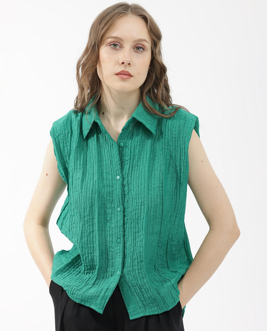 Rareism Women Drummy Green Rayon Nylon Fabric Sleeveless Collared Neck Solid Regular Length Top