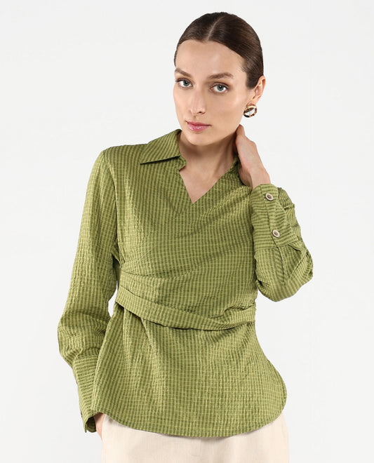 Rareism Women Duna Olive Polyester Fabric Cuffed Sleeve Jhonny Collar Plain Top