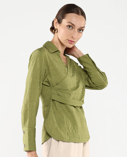 Rareism Women Duna Olive Polyester Fabric Cuffed Sleeve Jhonny Collar Plain Top