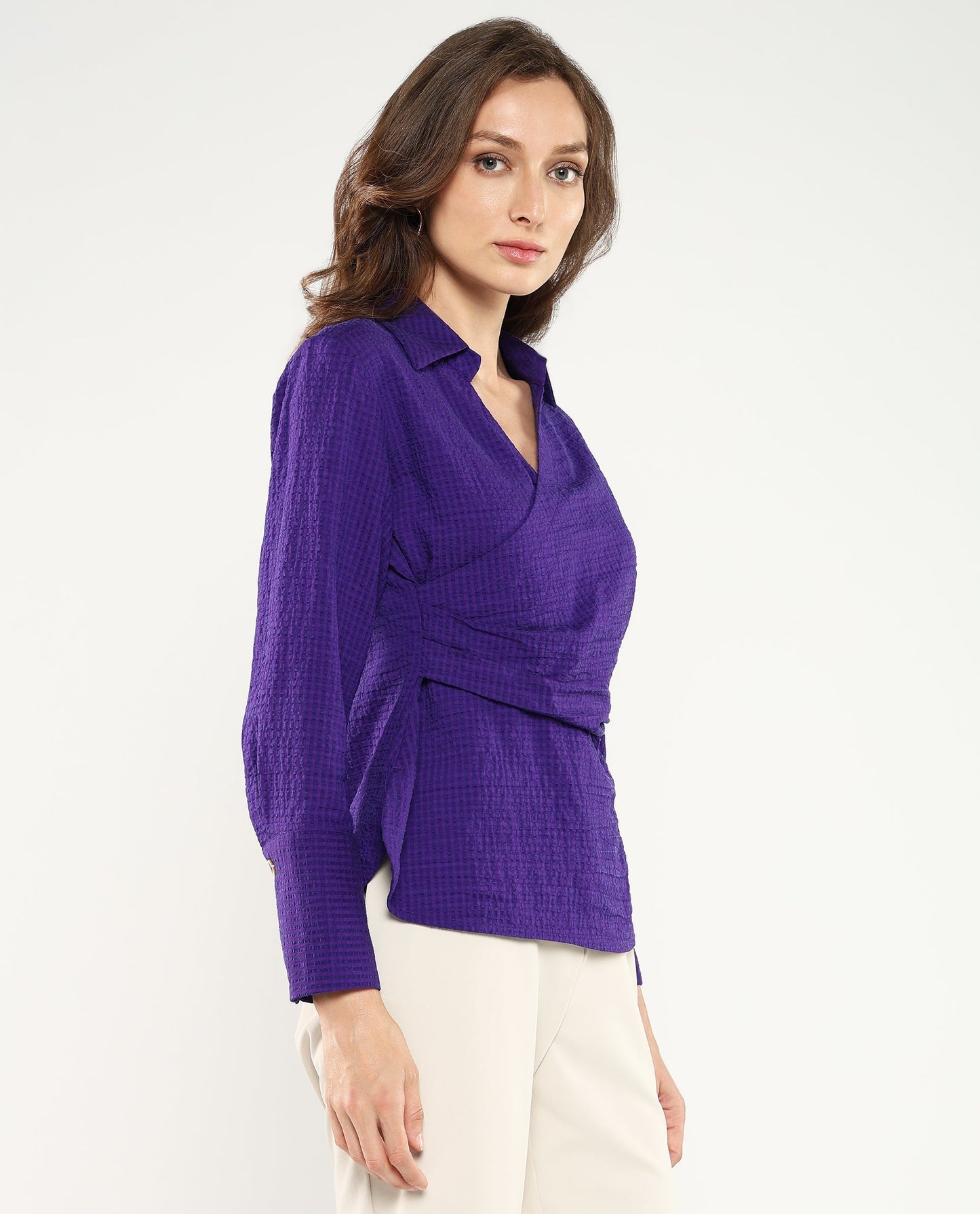 Rareism Women Duna Purple Polyester Fabric Cuffed Sleeve Jhonny Collar Plain Top