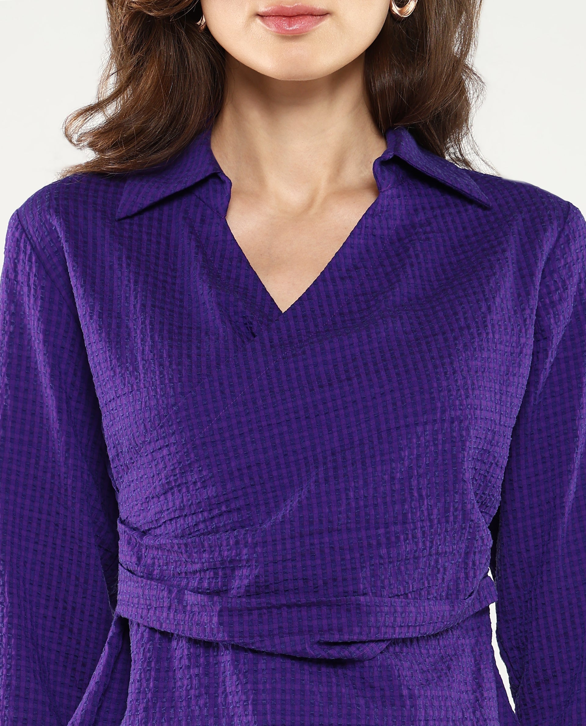 Rareism Women Duna Purple Polyester Fabric Cuffed Sleeve Jhonny Collar Plain Top