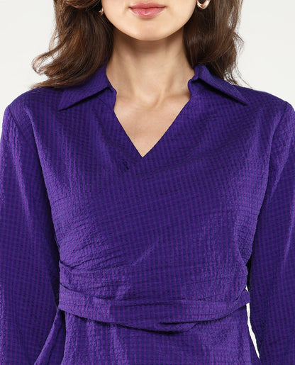 Rareism Women Duna Purple Polyester Fabric Cuffed Sleeve Jhonny Collar Plain Top