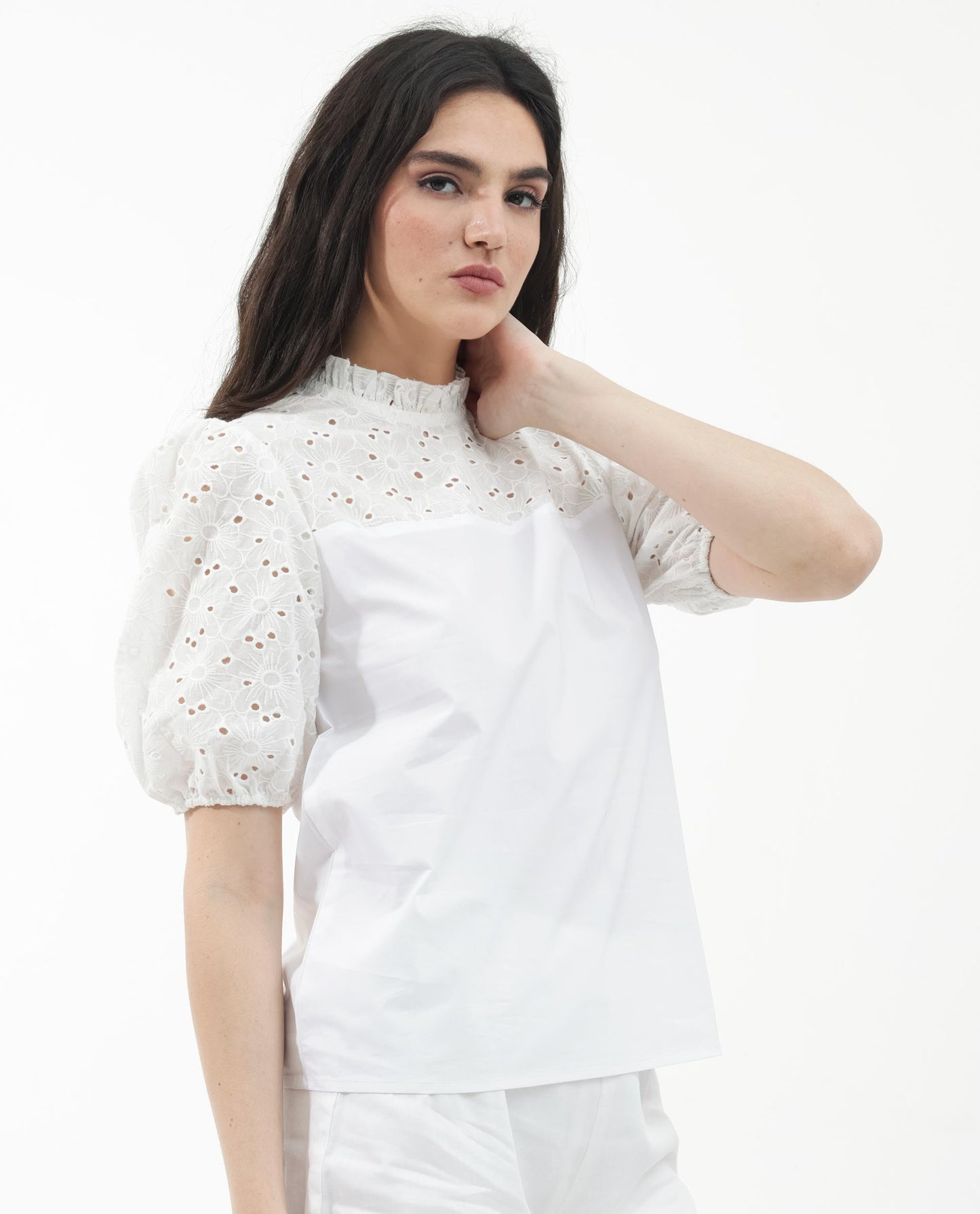 Rareism Women Dunzon White Cotton Fabric Regular Sleeves Collared Neck Solid Regular Length Top