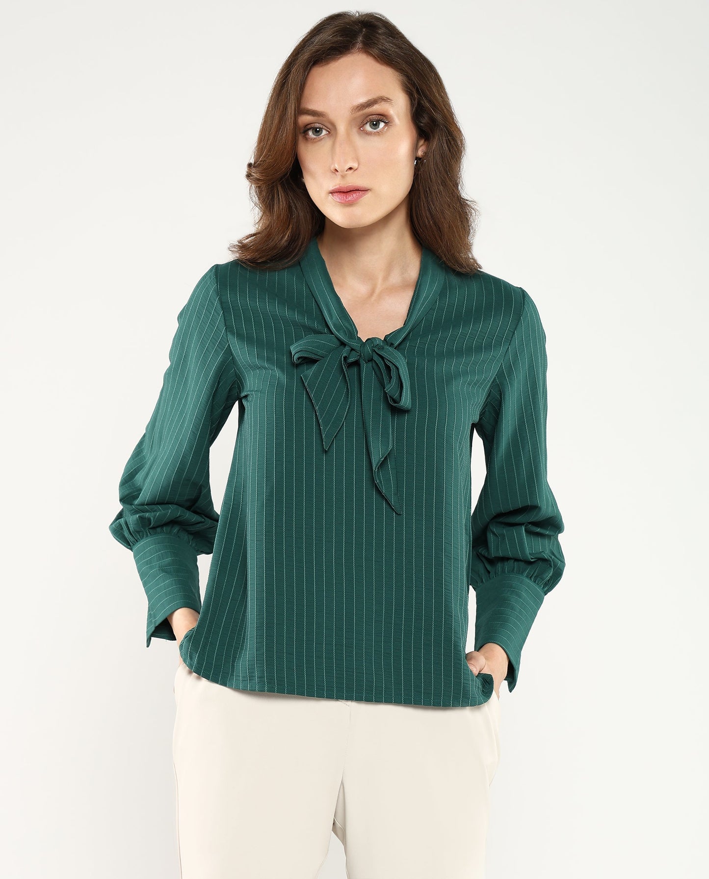 Rareism Women Eawho Green Bishop Sleeve Tie-Up Neck Plain Top