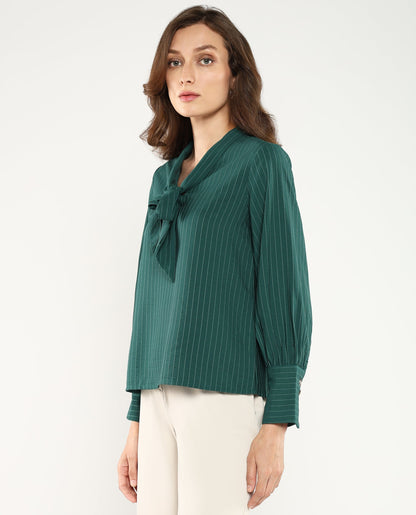 Rareism Women Eawho Green Bishop Sleeve Tie-Up Neck Plain Top