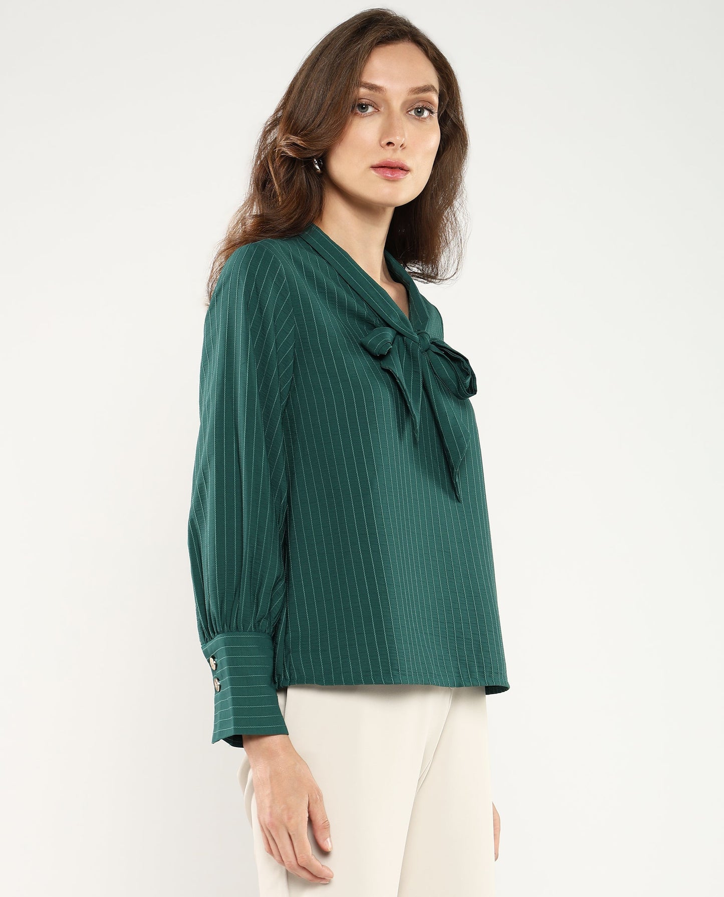 Rareism Women Eawho Green Bishop Sleeve Tie-Up Neck Plain Top