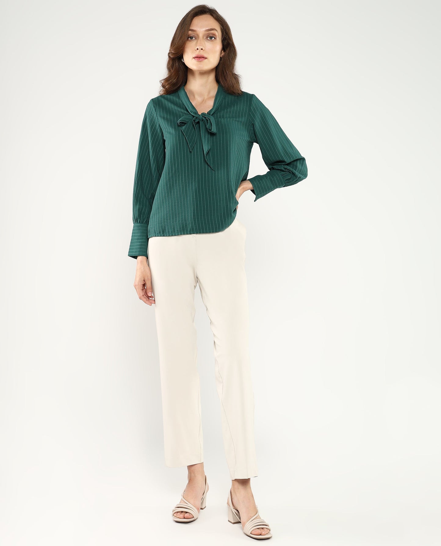 Rareism Women Eawho Green Bishop Sleeve Tie-Up Neck Plain Top