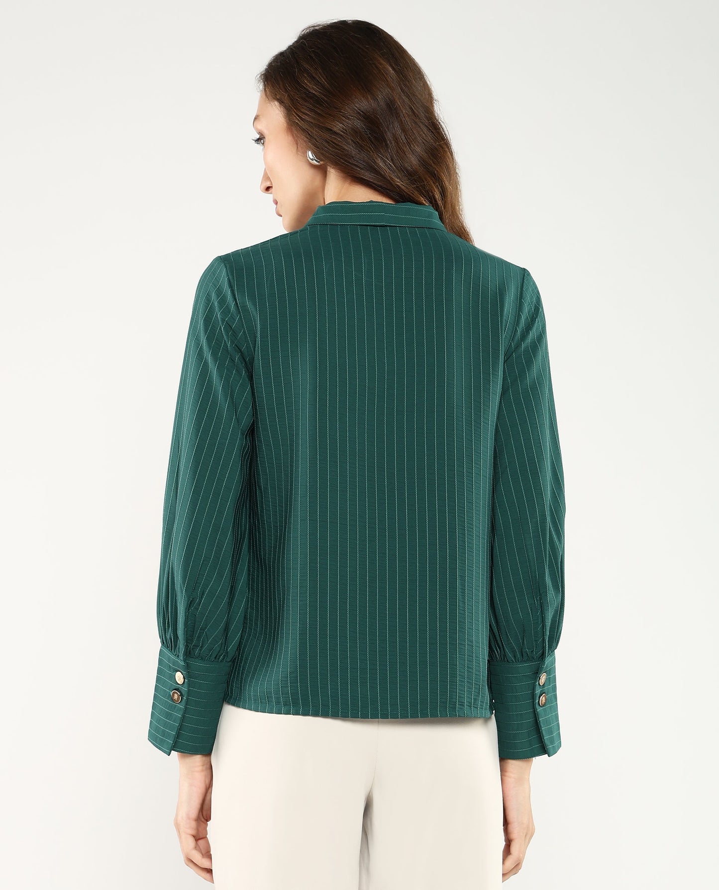 Rareism Women Eawho Green Bishop Sleeve Tie-Up Neck Plain Top