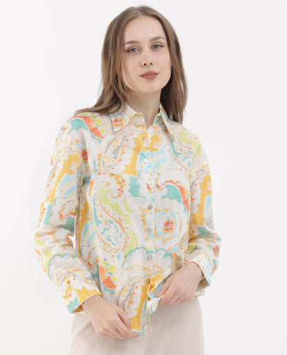 Rareism Women Egor Fluorescent Multi Cotton Fabric Full Sleeves Button Closure Collar Regular Fit Paisley Print Shirt