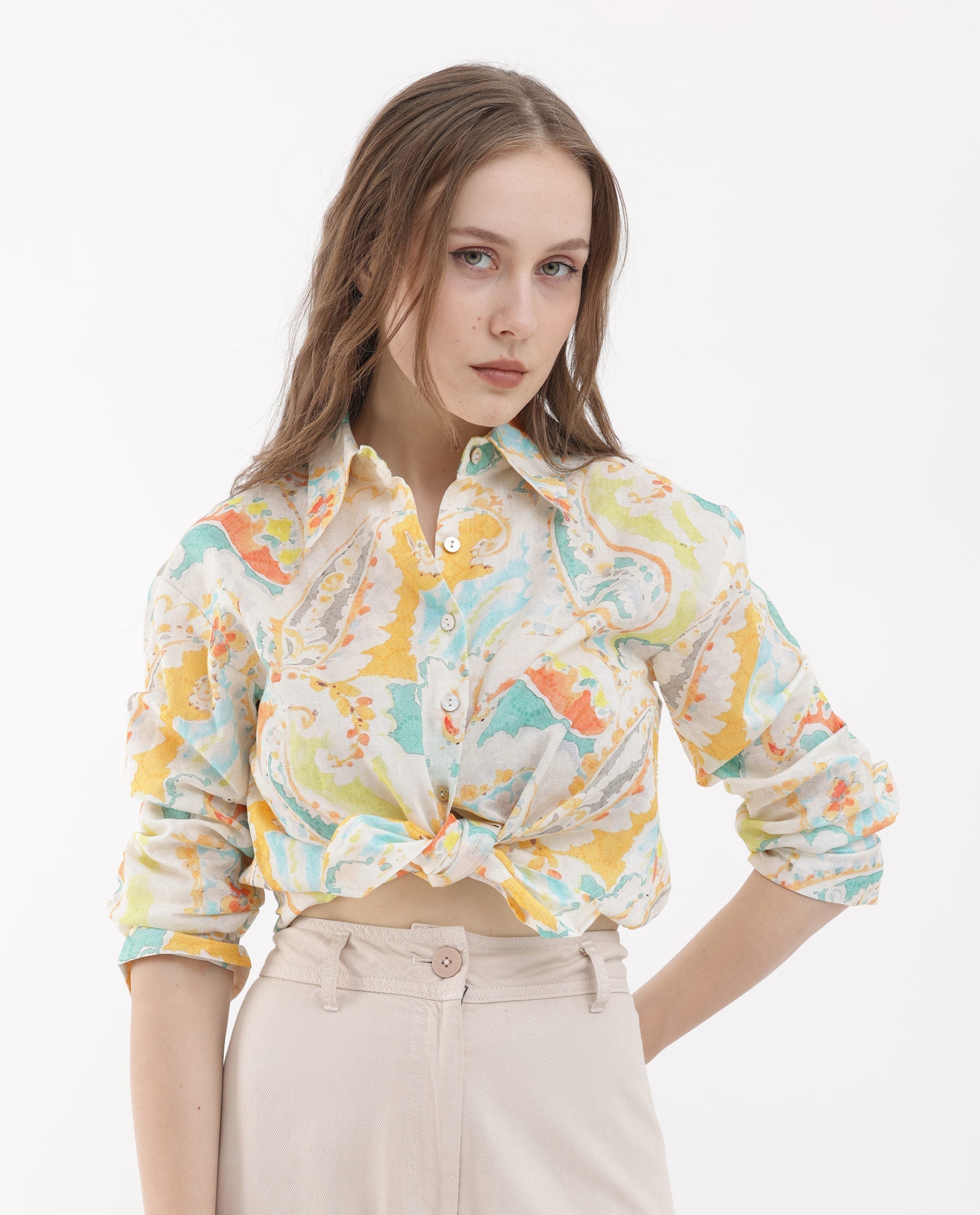 Rareism Women Egor Fluorescent Multi Cotton Fabric Full Sleeves Button Closure Collar Regular Fit Paisley Print Shirt