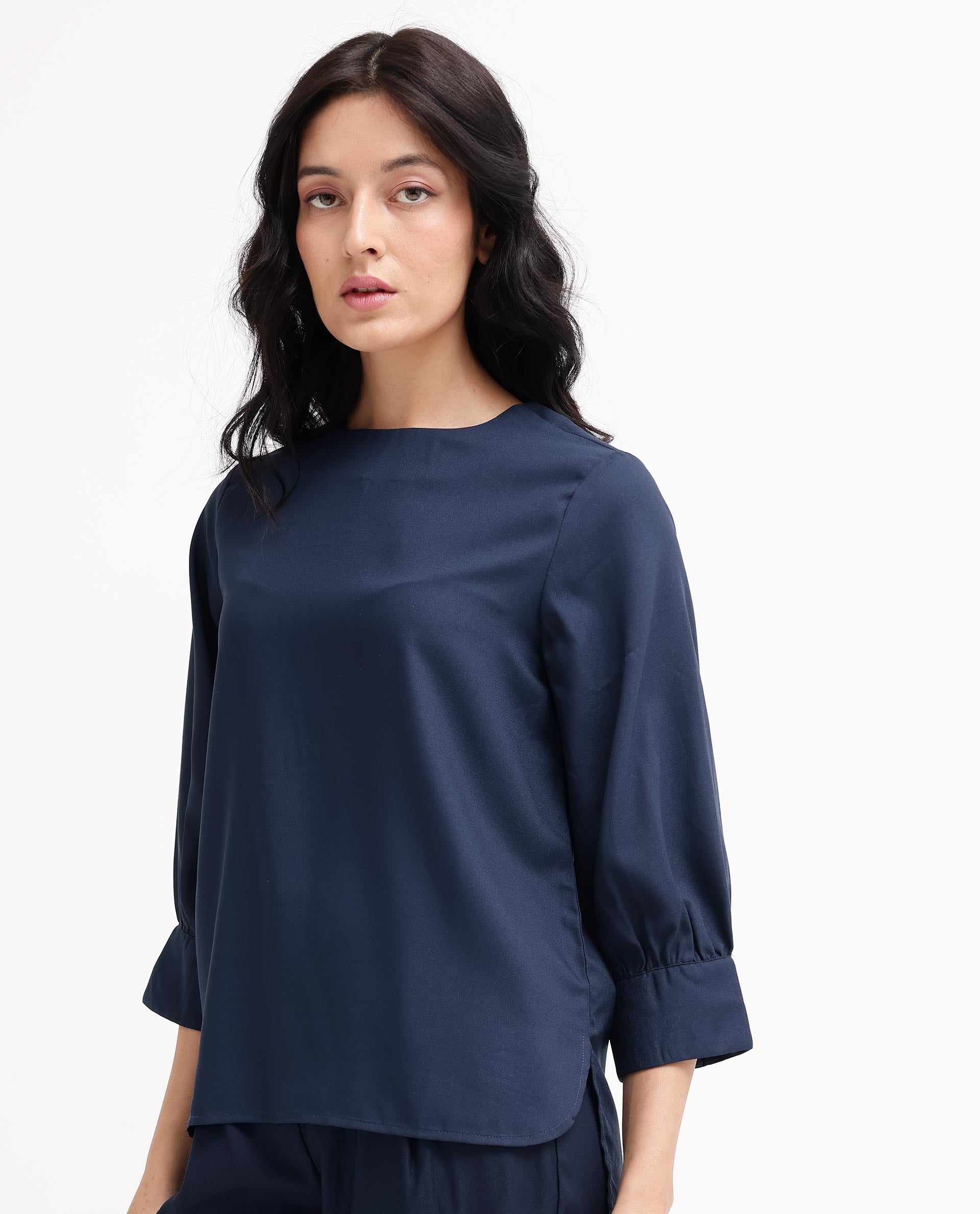 Rareism Women Elara Navy Polyester Fabric Full Sleeve Round Neck Solid Regular Fit Top