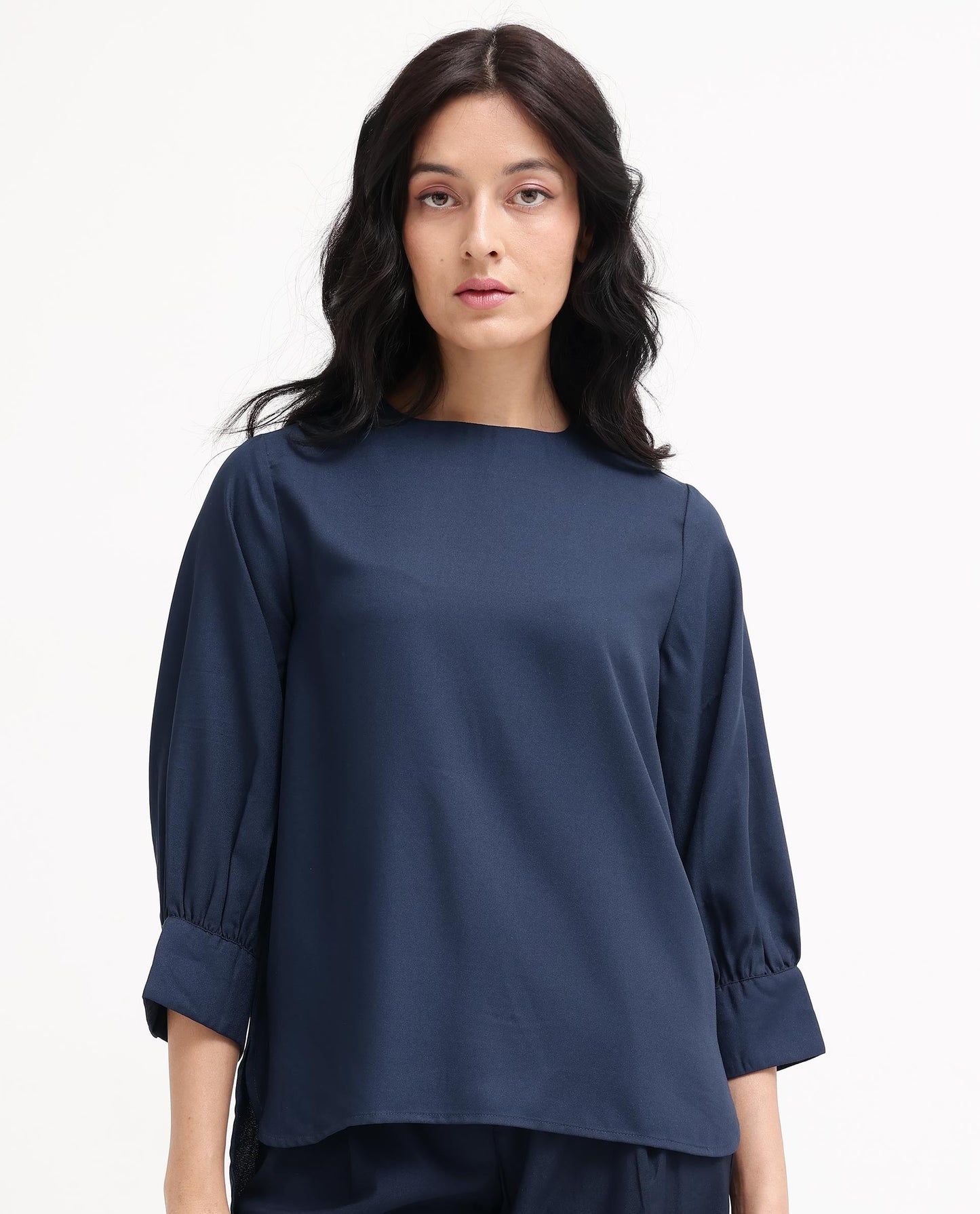 Rareism Women Elara Navy Polyester Fabric Full Sleeve Round Neck Solid Regular Fit Top