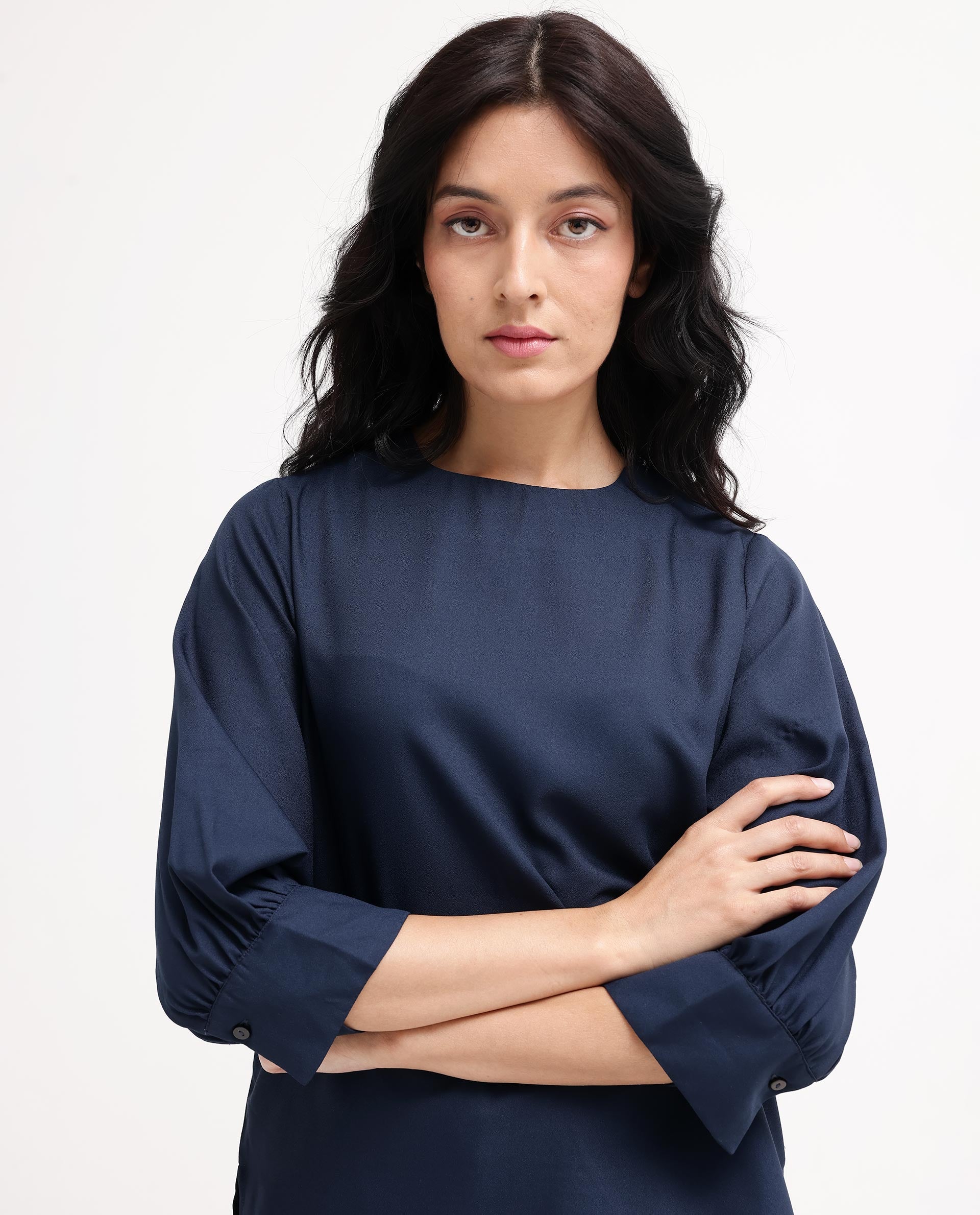 Rareism Women Elara Navy Polyester Fabric Full Sleeve Round Neck Solid Regular Fit Top