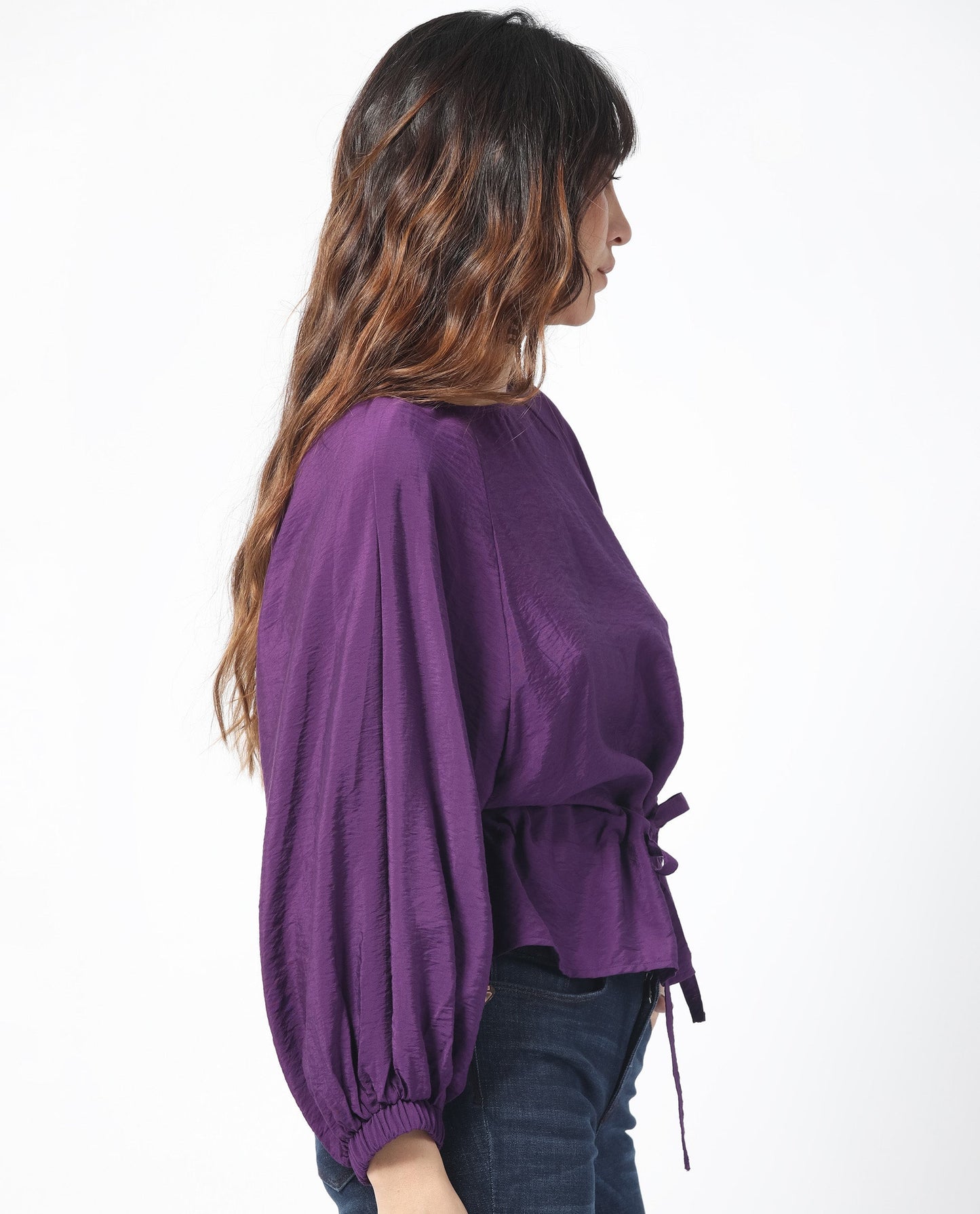 Rareism Women Elber Dark Purple Poly Viscose Fabric Full Sleeves Tie-Up Closure Round Neck Bell Sleeve Relaxed Fit Plain Top