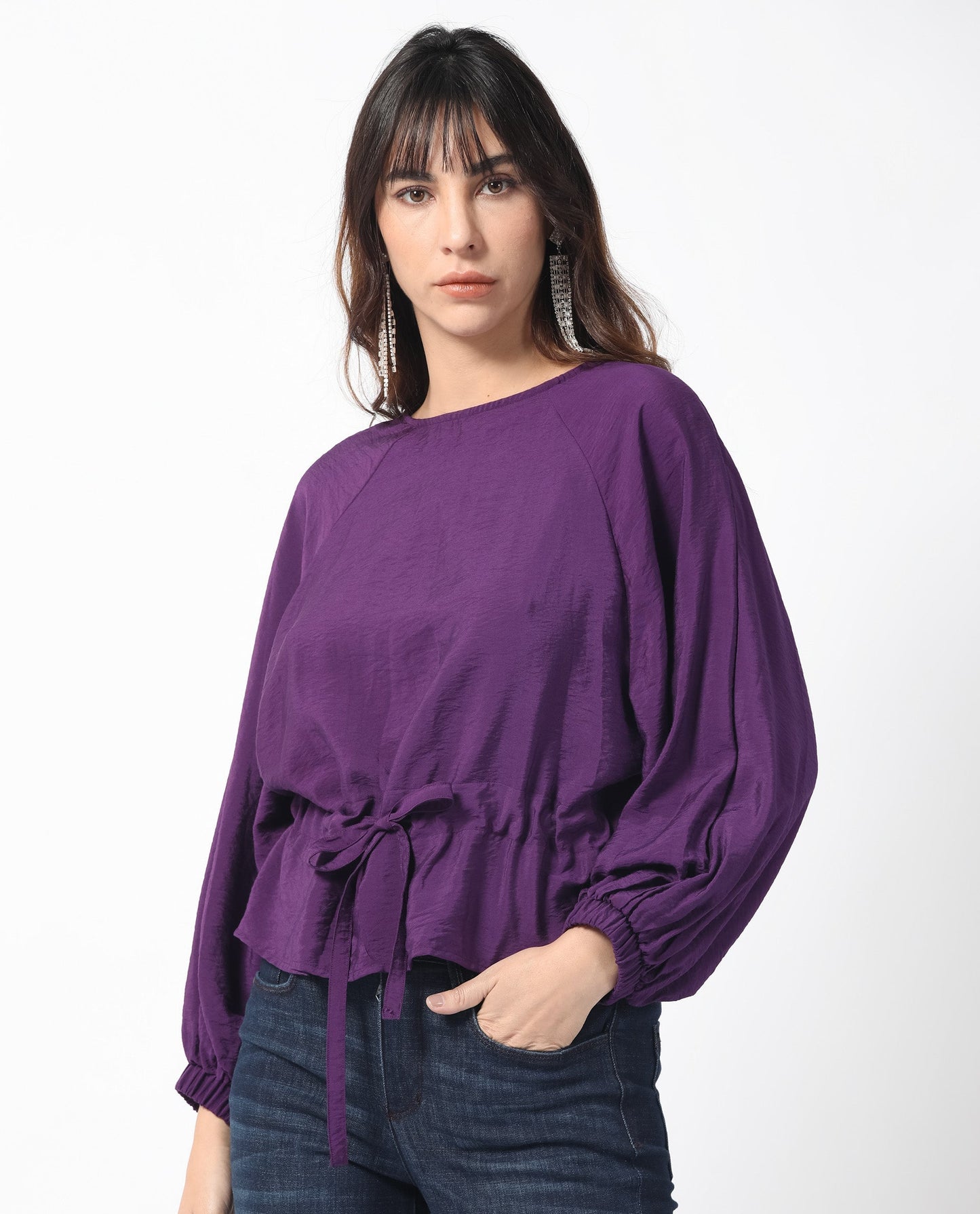 Rareism Women Elber Dark Purple Poly Viscose Fabric Full Sleeves Tie-Up Closure Round Neck Bell Sleeve Relaxed Fit Plain Top