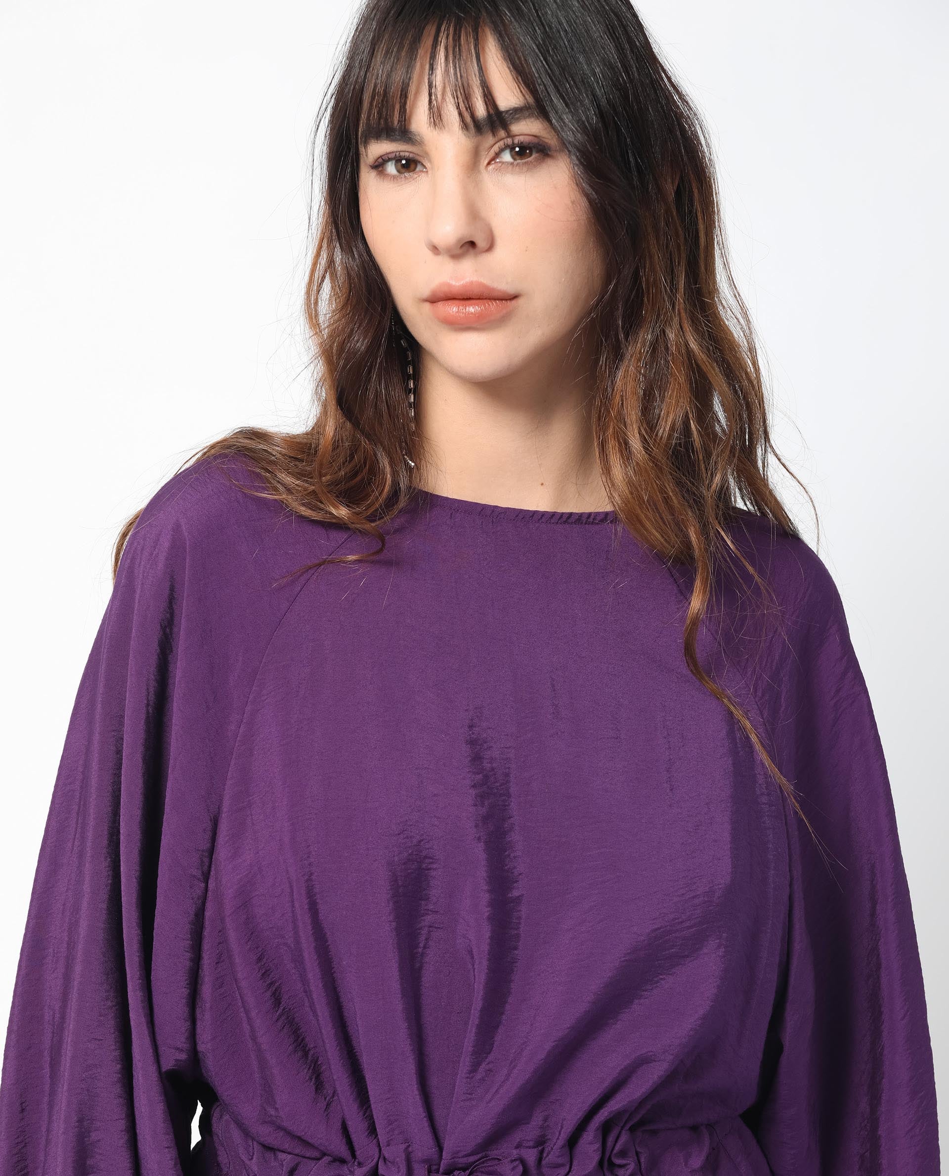 Rareism Women Elber Dark Purple Poly Viscose Fabric Full Sleeves Tie-Up Closure Round Neck Bell Sleeve Relaxed Fit Plain Top