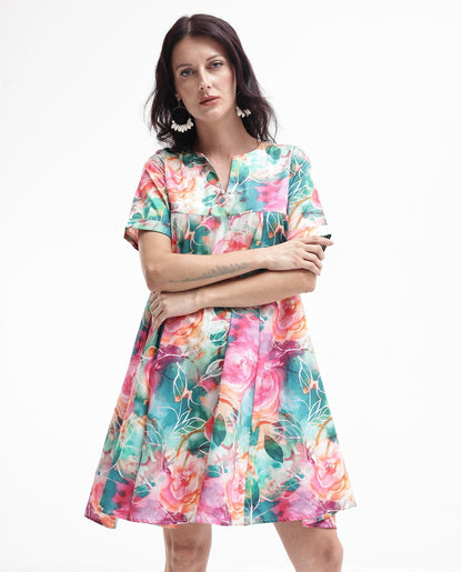 Rareism Women Enderson Multi Cotton Short Sleeve Crew Neck Fit And Flare Floral Print Knee Length Dress