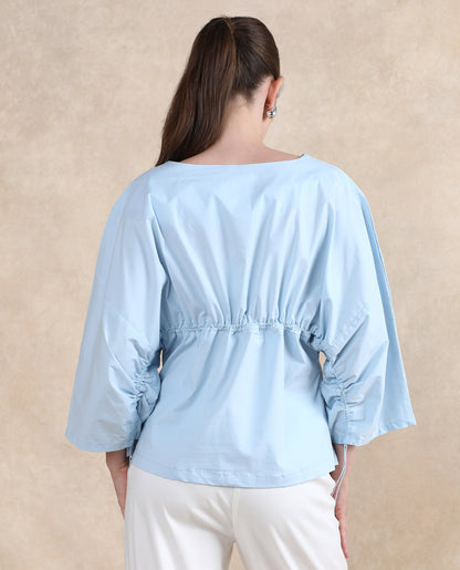 Rareism Women Eniv Light Blue Cotton Fabric Extended Sleeves Round Neck Plain Top