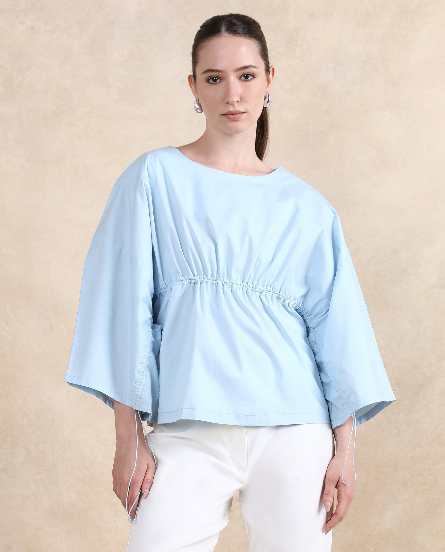 Rareism Women Eniv Light Blue Cotton Fabric Extended Sleeves Round Neck Plain Top