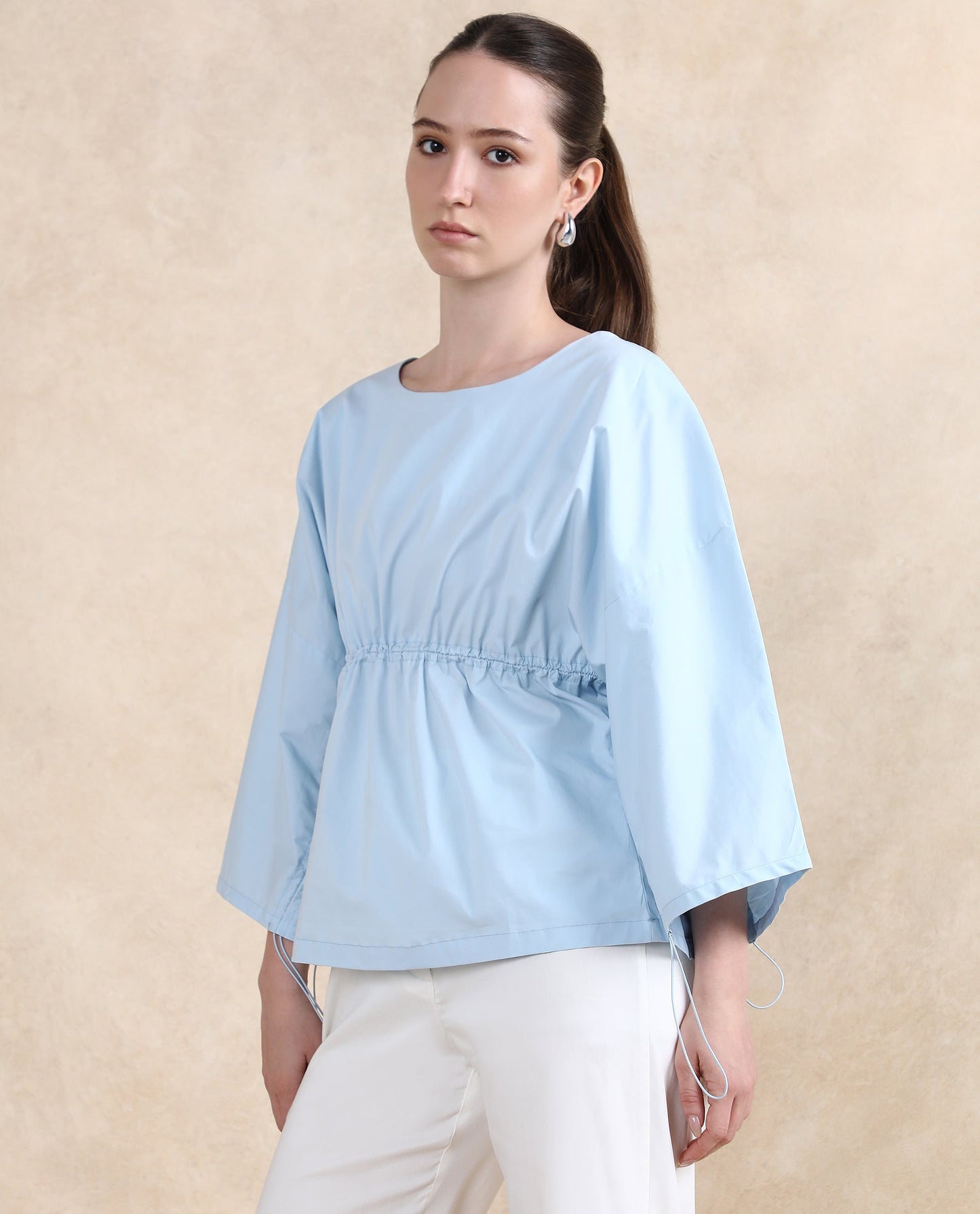 Rareism Women Eniv Light Blue Cotton Fabric Extended Sleeves Round Neck Plain Top