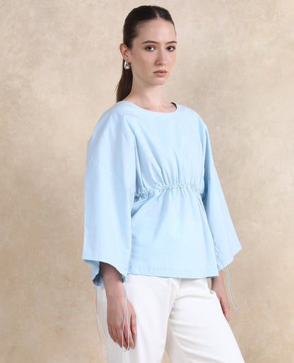 Rareism Women Eniv Light Blue Cotton Fabric Extended Sleeves Round Neck Plain Top