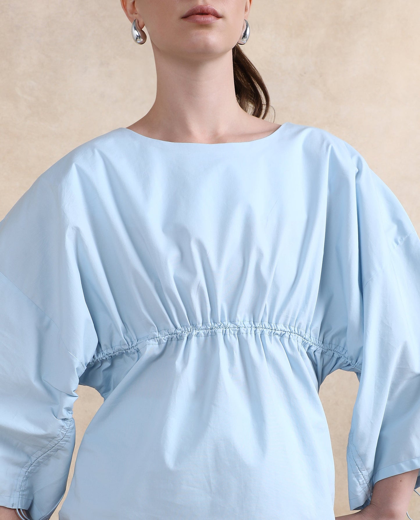 Rareism Women Eniv Light Blue Cotton Fabric Extended Sleeves Round Neck Plain Top