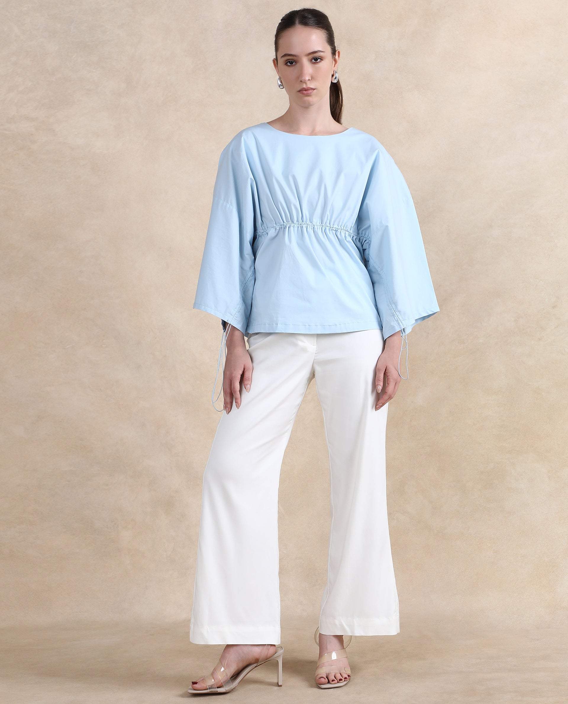 Rareism Women Eniv Light Blue Cotton Fabric Extended Sleeves Round Neck Plain Top