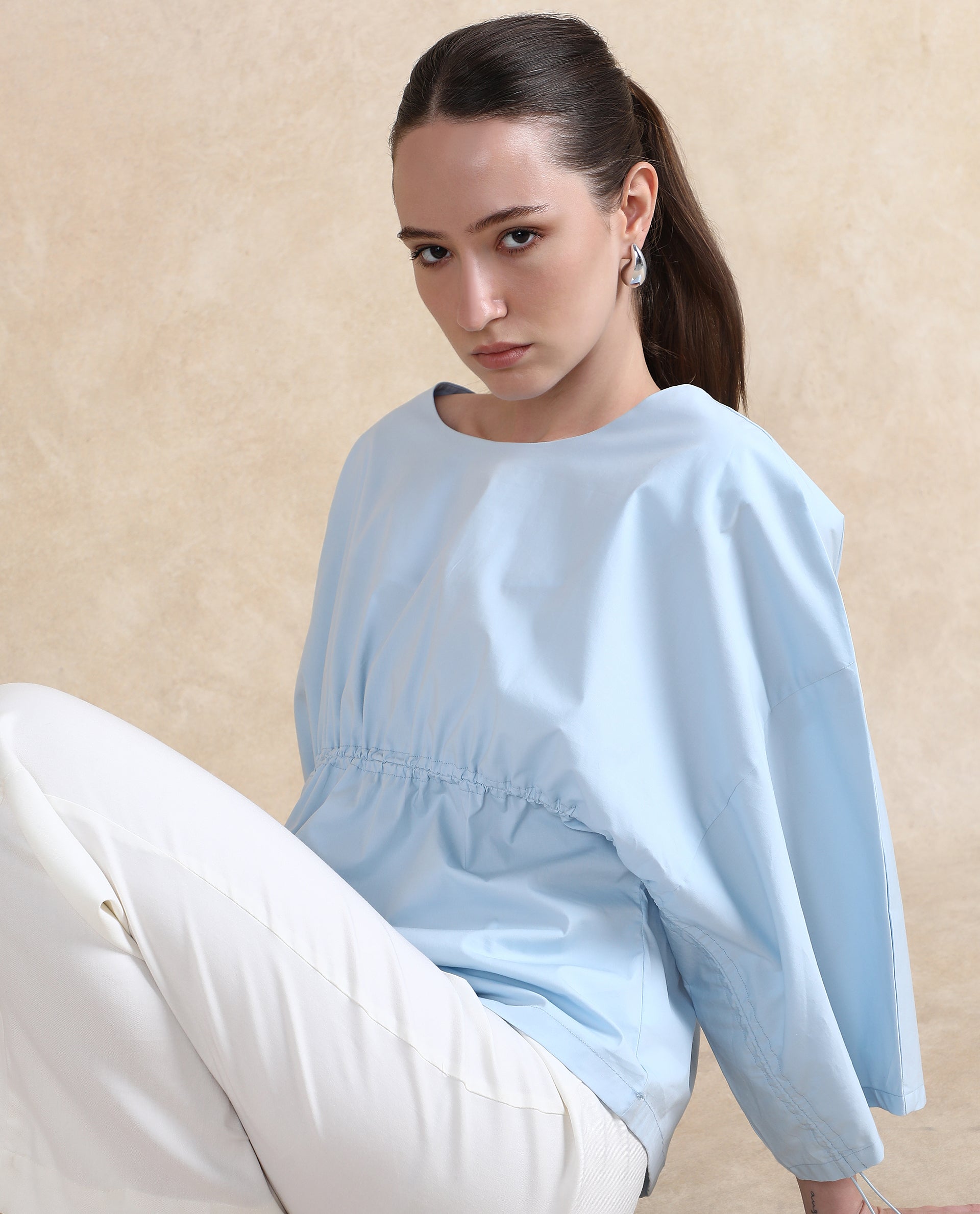 Rareism Women Eniv Light Blue Cotton Fabric Extended Sleeves Round Neck Plain Top