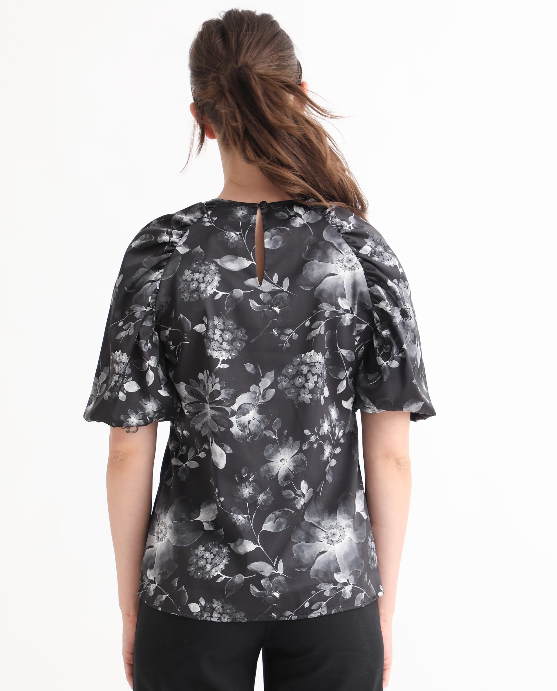 Rareism Women Esme Black Viscose Fabric Short Sleeves Button Closure Round Neck Puff Sleeve Regular Fit Floral Print Cropped Blouse Top