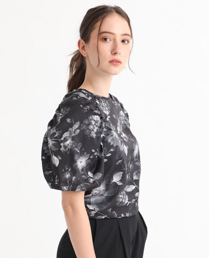 Rareism Women Esme Black Viscose Fabric Short Sleeves Button Closure Round Neck Puff Sleeve Regular Fit Floral Print Cropped Blouse Top